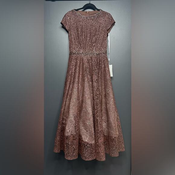 NWT Mac Duggal 20371 Embellished Cap Sleeve A Line Dress 6 Chocolate - Picture 4 of 7